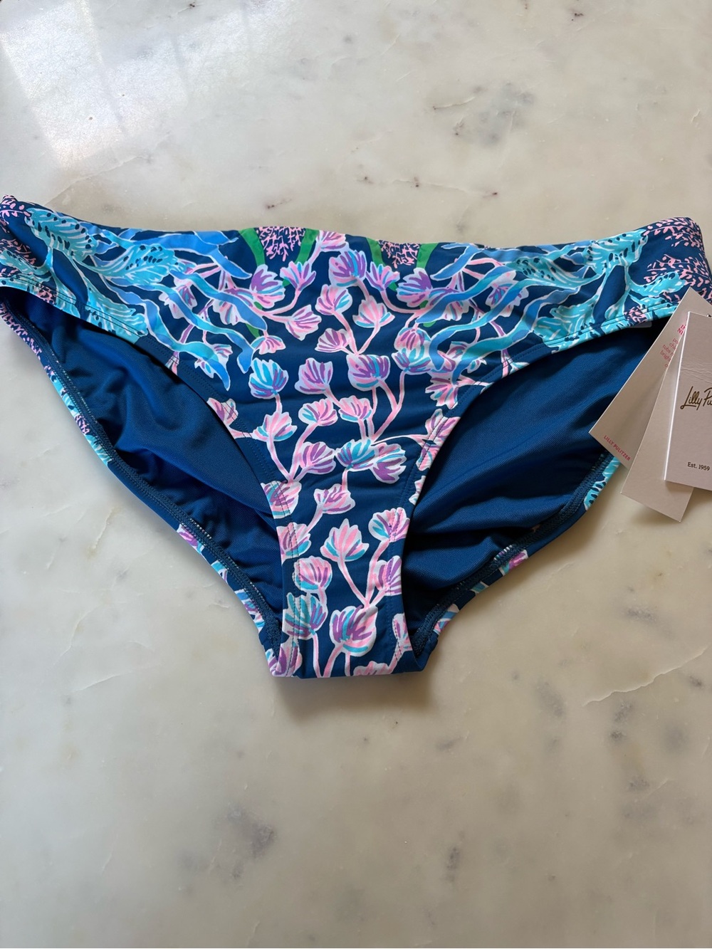 Lilly Pulitzer Seacret Escape Navy Floral Bikini Bottom with Pink & Aqua Accents